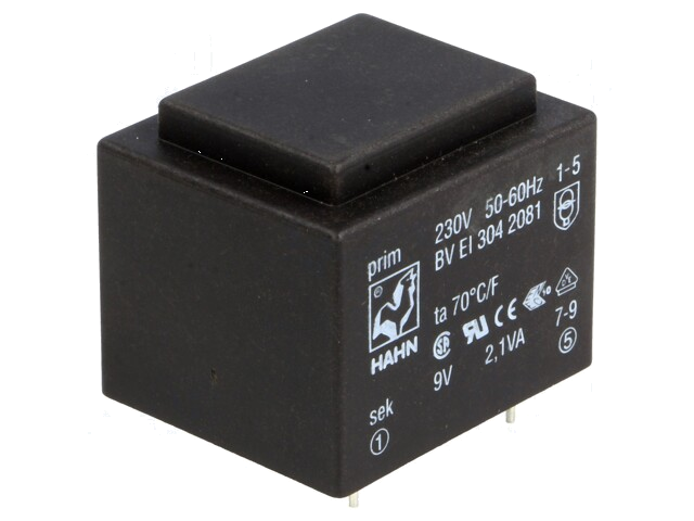 Transformator: ingegoten; 2,1VA; 230VAC; 9V; 210mA; PCB; BVEI Transformator: ingegoten; 2,1VA; 230VAC; 9V; 210mA; PCB; BVEI